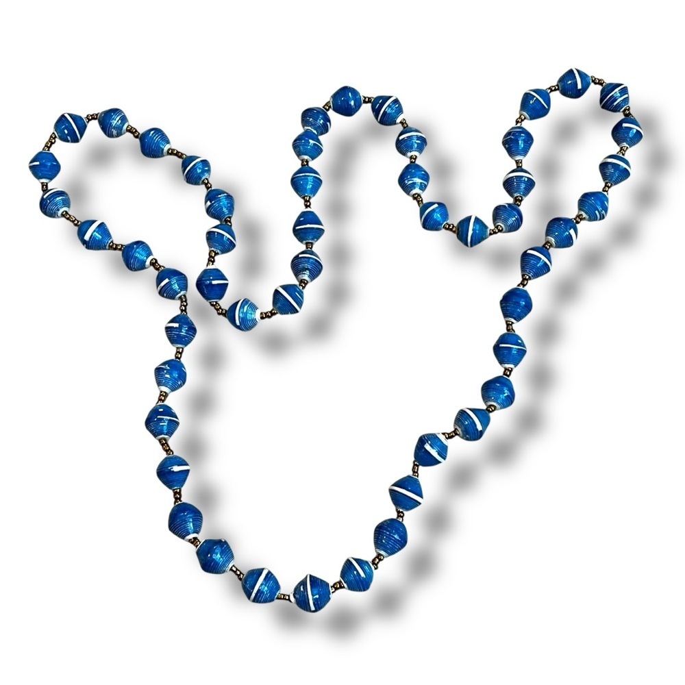 Rolled Paper Bead Necklace Handmade Blue White Stripe 36" Fair Trade Boho Artsy
